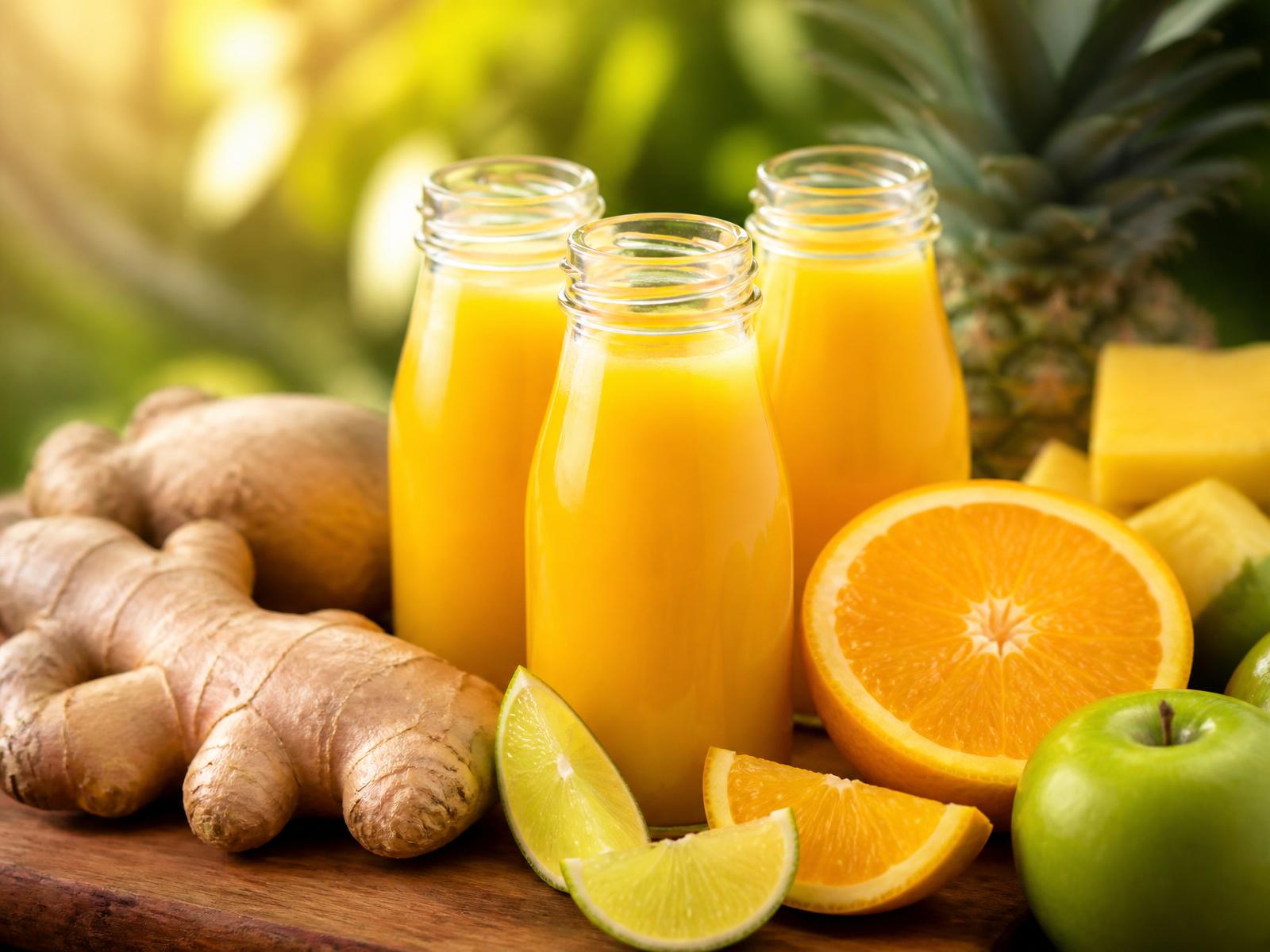 Fresh Glow Shot ginger juice bottles with ginger, orange, lime and pineapple